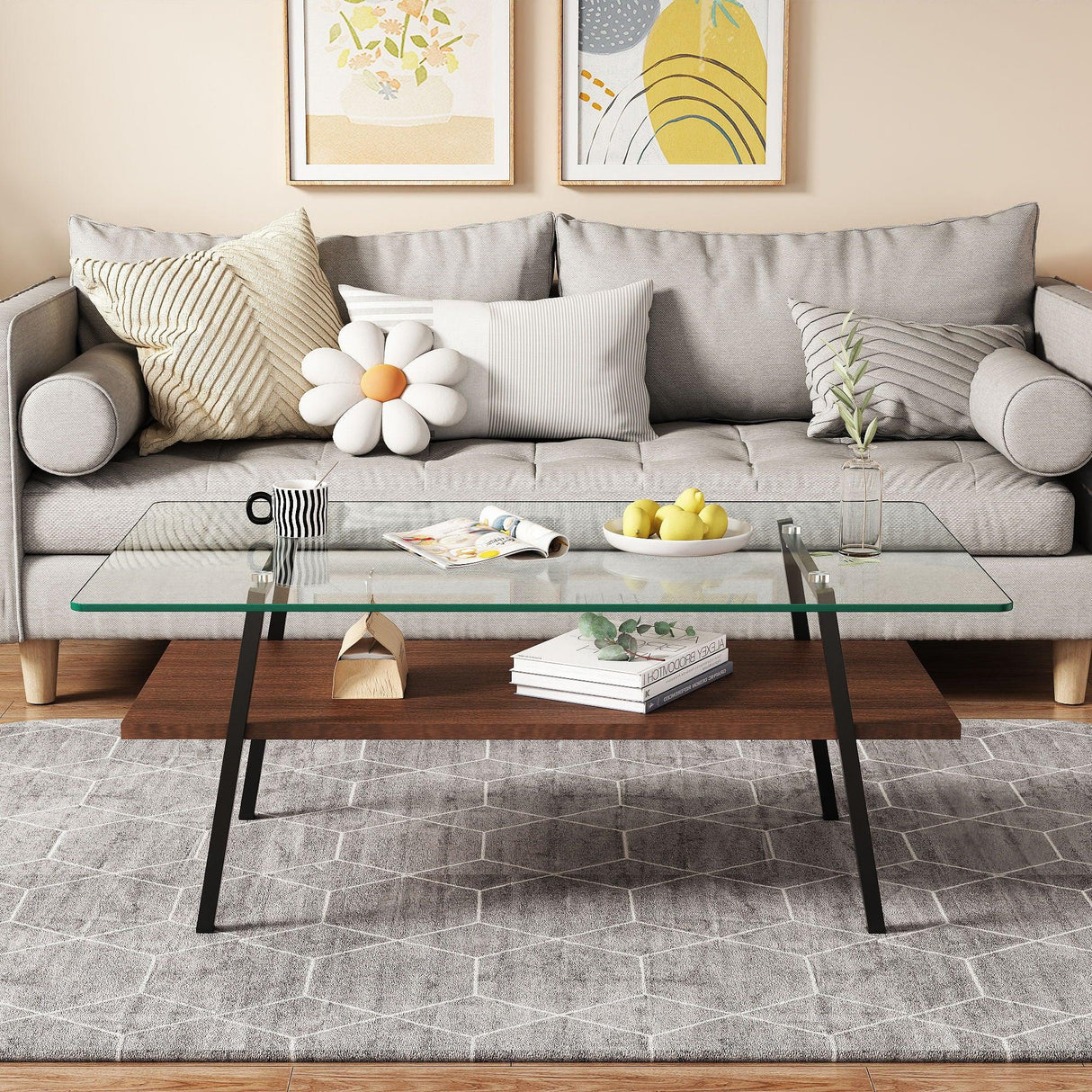 Rectangle Coffee Table, Tempered Glass Tabletop With Metal Legs, Modern Table For Living Room - Furniture Home Direct