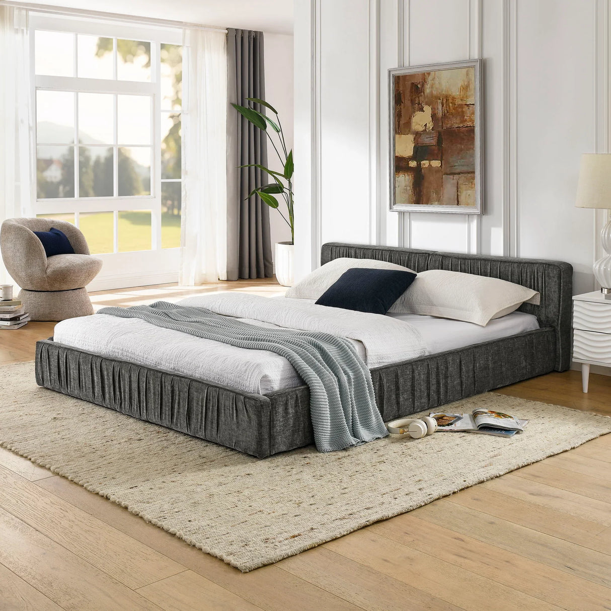 Modern Upholstered Platform Bed Frame With Pleated Design - Furniture Home Direct