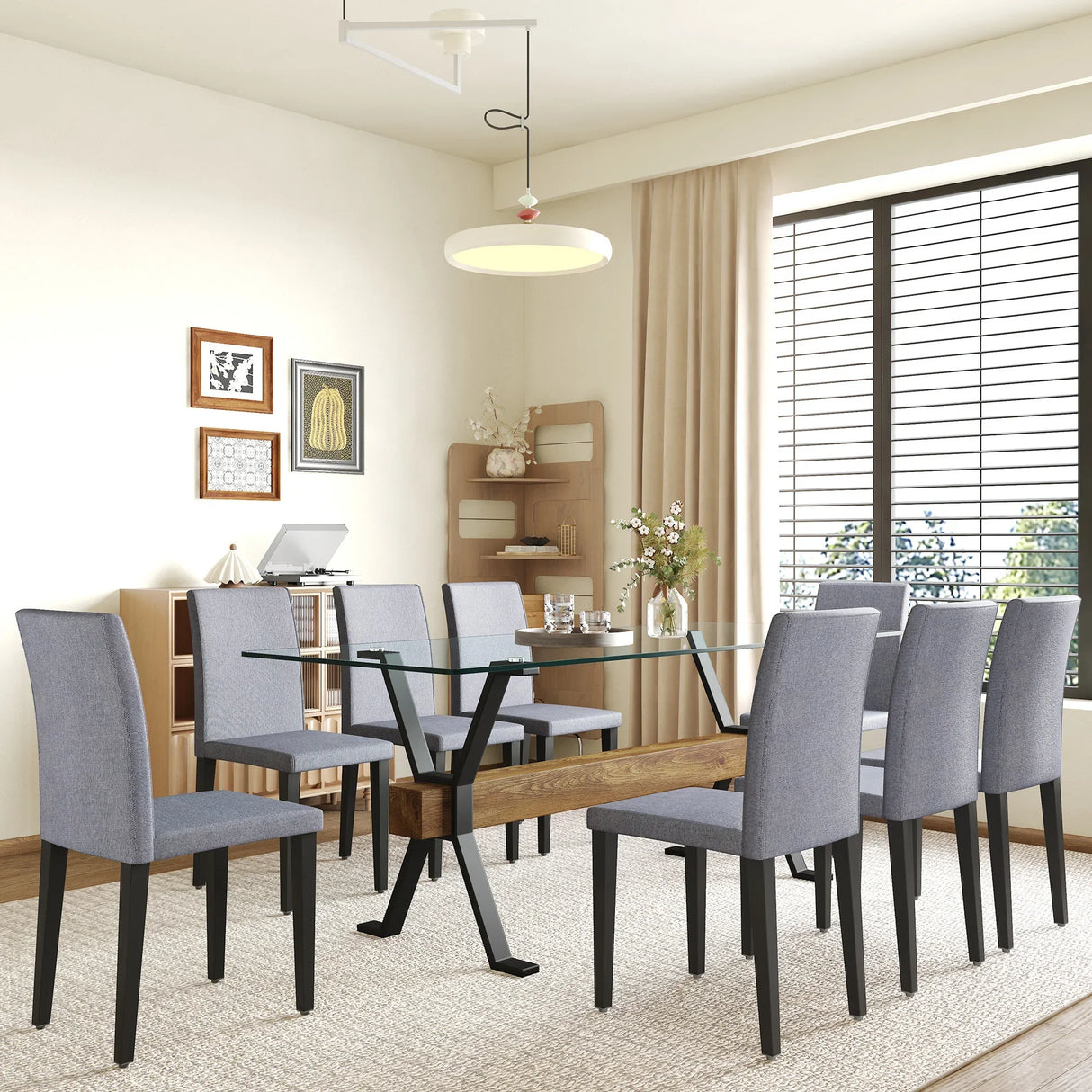 Dining Set Glass Top Table With Eight Fabric Chairs Gray - Furniture Home Direct
