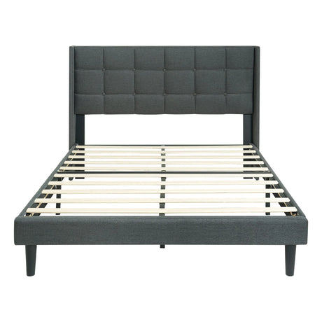 Queen Size Upholstered Platform Bed Frame With Button Tufted Linen Fabric Headboard - Dark Gray - Furniture Home Direct