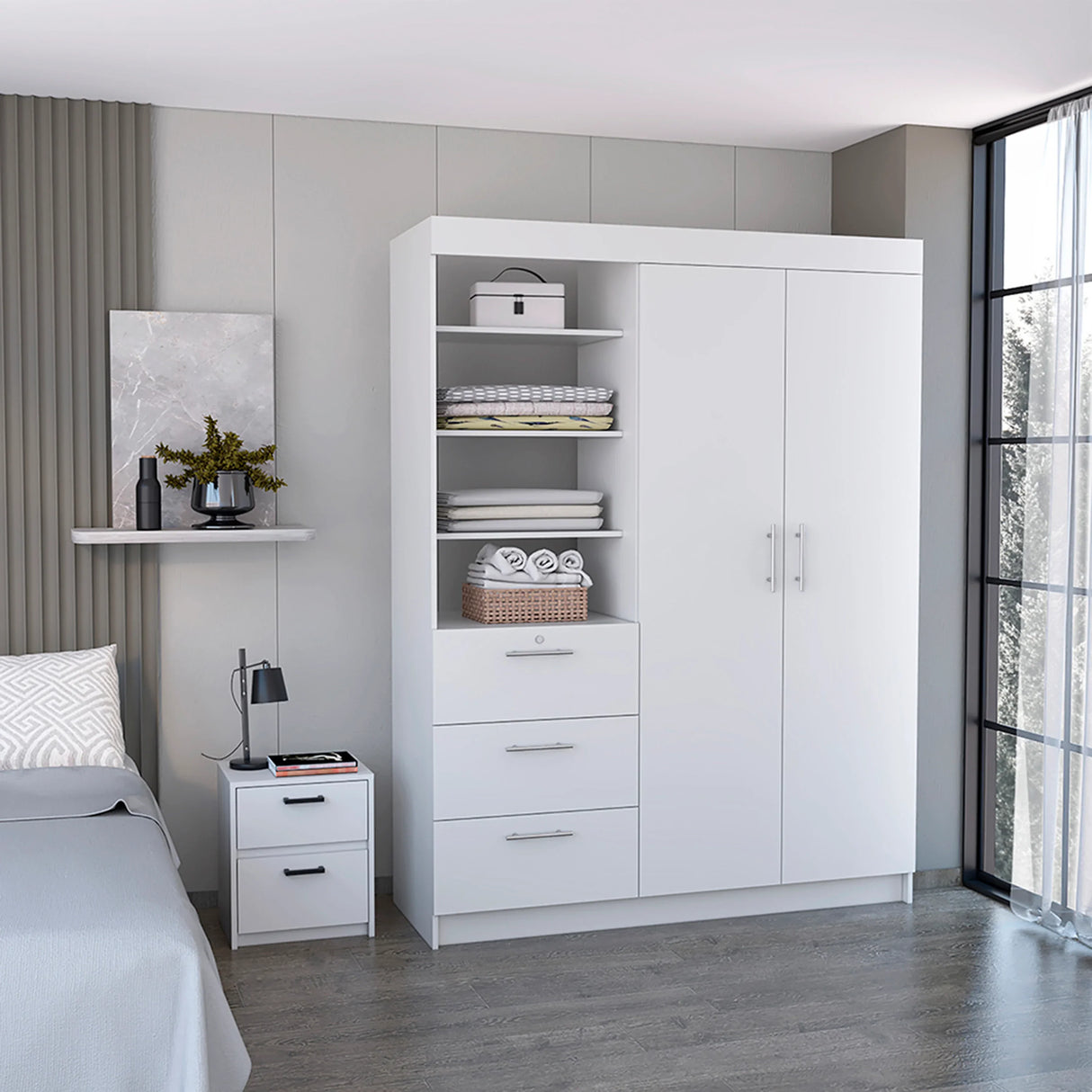 Wardrobe With Nightstand And Shelves Drawers Large White - Furniture Home Direct