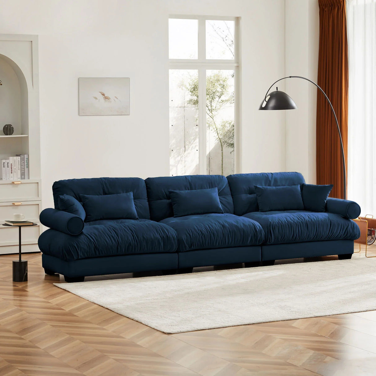 Modern Velvet Sofa With Bolstered Armrests And Pillows - Furniture Home Direct