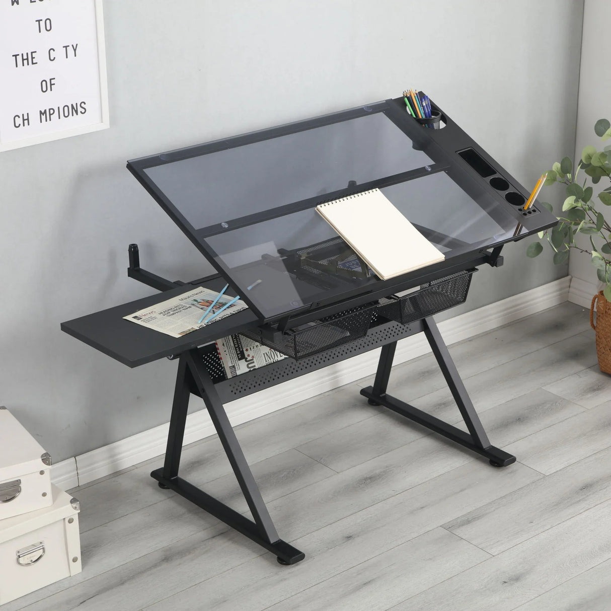 Adjustable Tempered Glass Drafting Printing Table With Chair - Furniture Home Direct