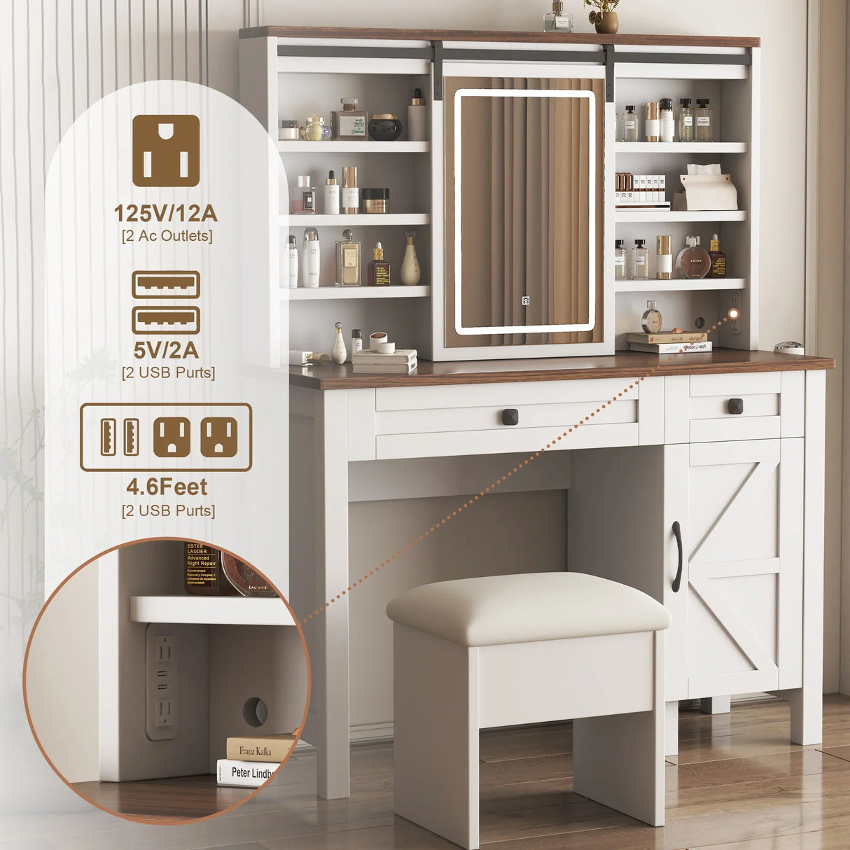 Rustic Farmhouse Makeup Vanity Desk With Sliding Mirror, LED Lights, And Charging Socket - White - Furniture Home Direct