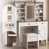Rustic Farmhouse Makeup Vanity Desk With Sliding Mirror, LED Lights, And Charging Socket - White - Furniture Home Direct