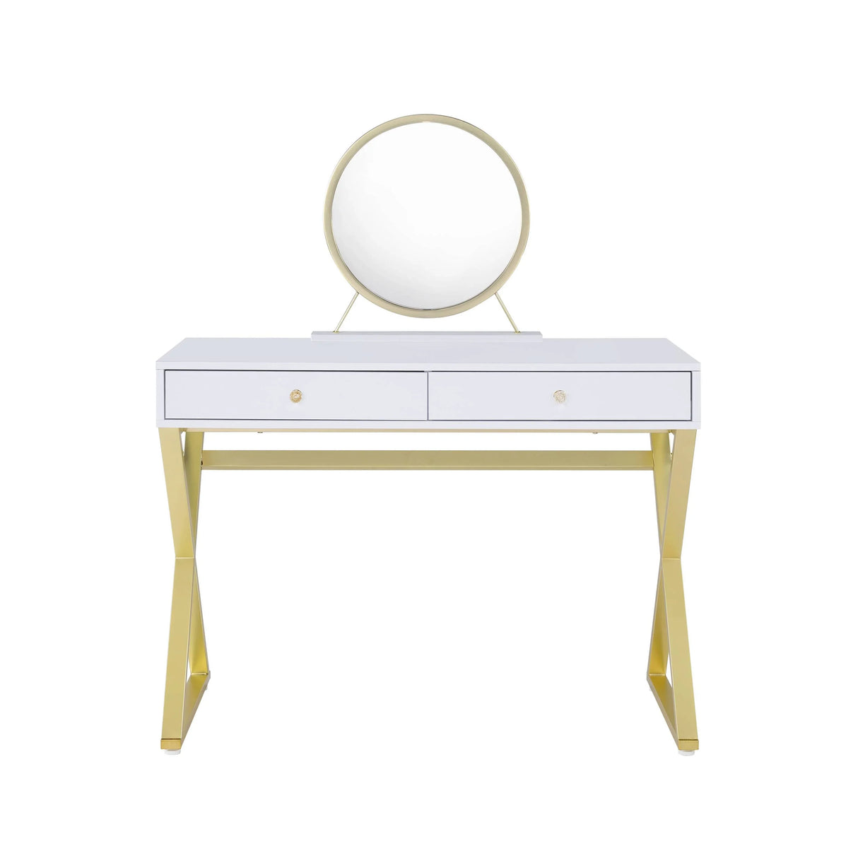 Vanity Desk With Mirror And Jewelry Tray Gold Legs White - Furniture Home Direct
