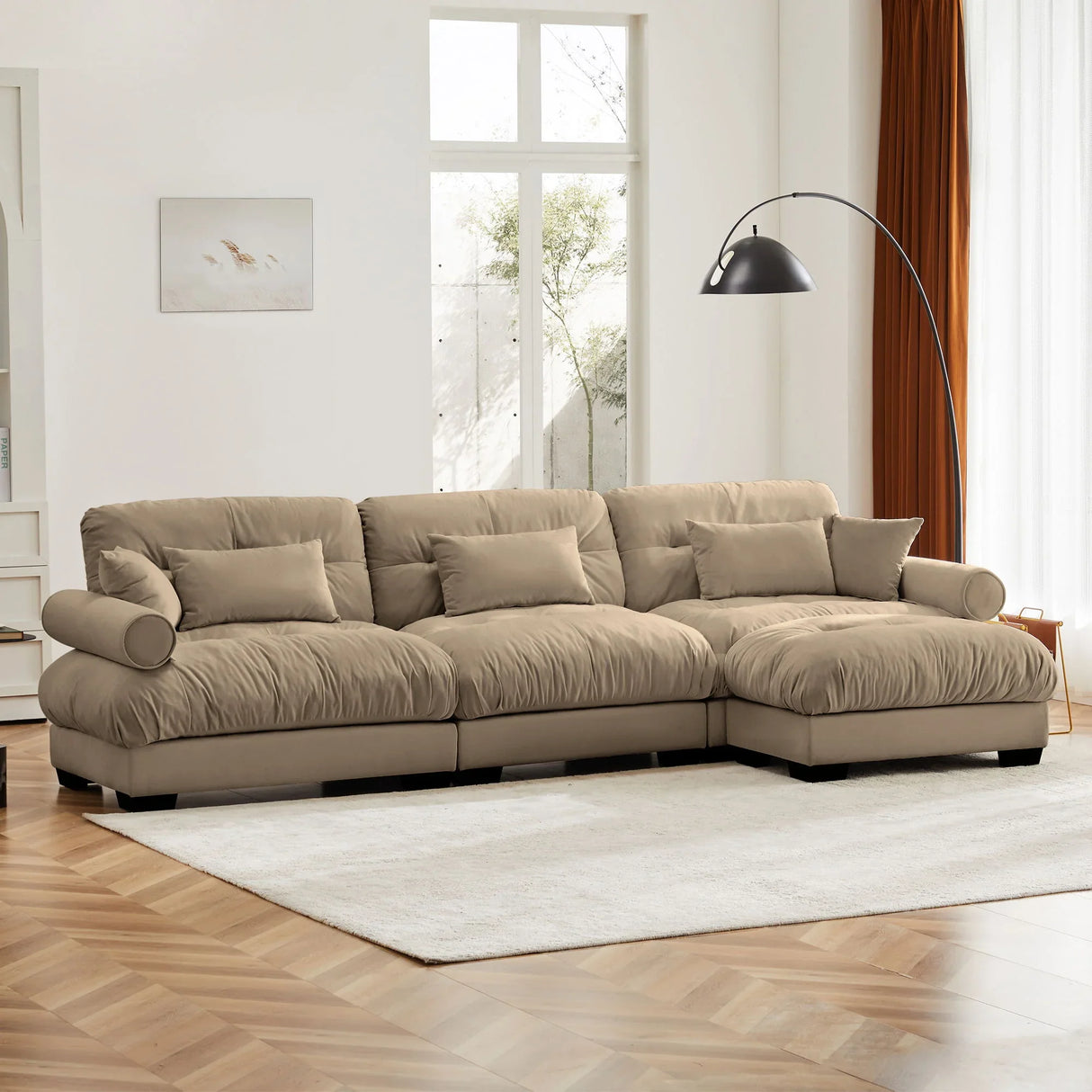 Modern Sectional Sofa With Ottoman, Round Bolster Armrests, Waist And Throw Pillows - Furniture Home Direct