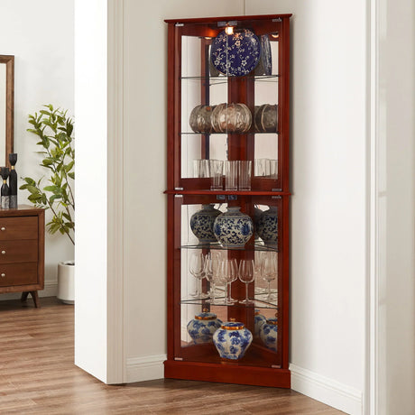 Corner Curio Dispaly Cabinet With Lights, Adjustable Tempered Glass Shelves, Mirrored Back (E26 Light Bulb Not Included) - Furniture Home Direct