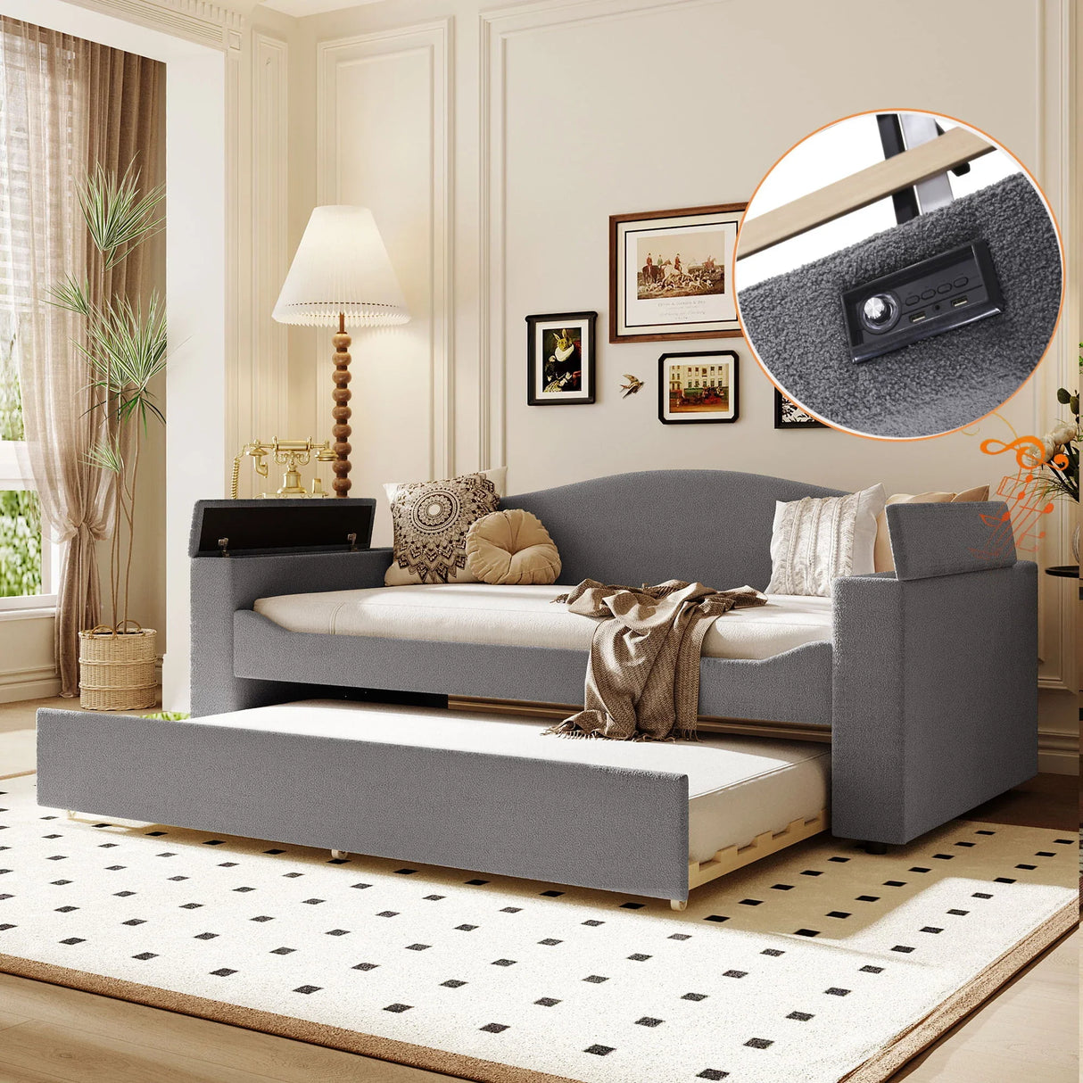 Upholstered Daybed With Storage Armrests, Trundle And Latest Integrated Bluetooth Audio System - Furniture Home Direct