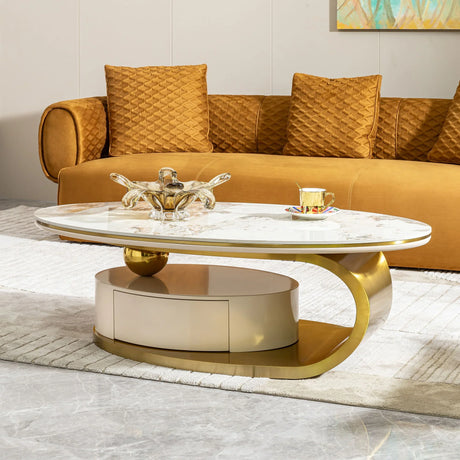 Modern Coffee Table Thick Sintered Stone Top With 2 Drawers Matt Stainless Steel Base - Gold - Furniture Home Direct