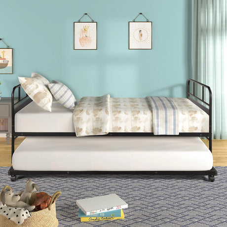 Twin Size Daybed Platform Bed Frame With Trundle Built In Casters - Black - Furniture Home Direct
