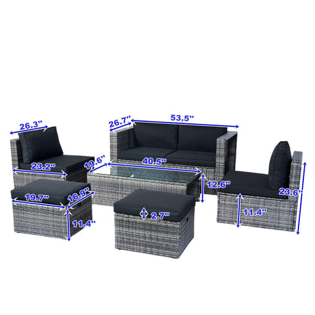 6 Piece Patio Wicker Sectional Set Patio Backyard Conversation Set Space Saving - Gray / Black - Furniture Home Direct