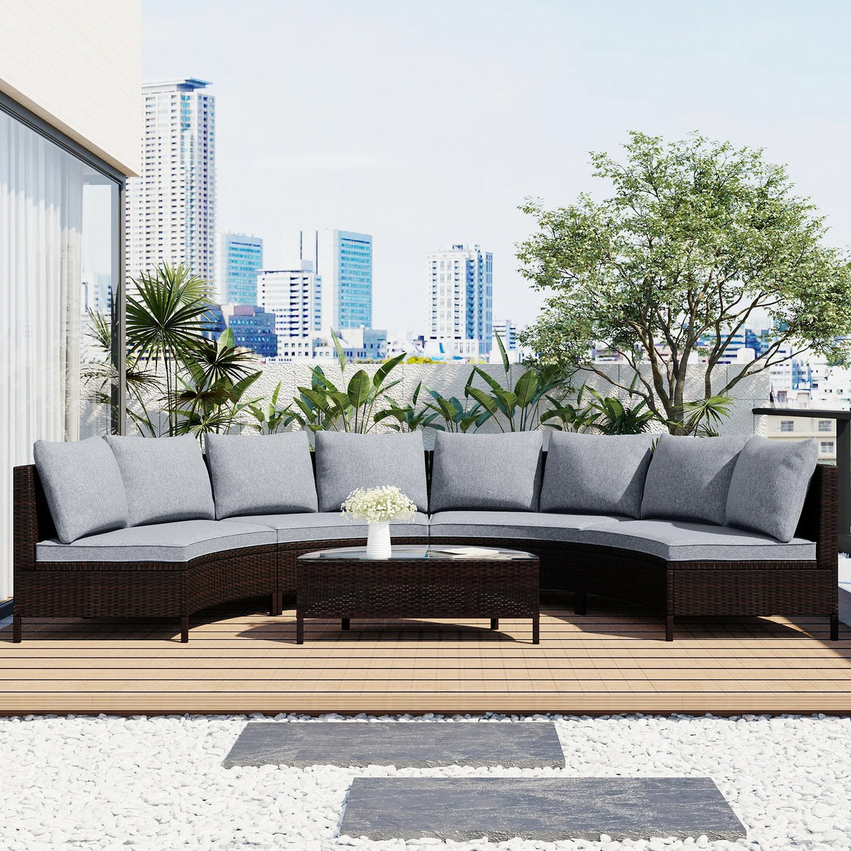 4 Piece Curved Wicker Patio Sectional with Coffee table - Gray - Furniture Home Direct