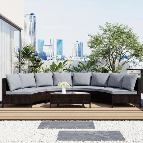 4 Piece Curved Wicker Patio Sectional with Coffee table - Gray - Furniture Home Direct