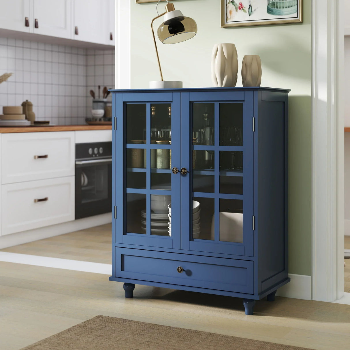 Minimalist Buffet Cabinet With Double Glass Doors And Drawer - Furniture Home Direct