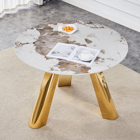 Marble Grained Stone Round Table Three - Legged Round Table With Stainless Steel Plated Legs Natural Healthy And Environmentally Friendly Round Table - Furniture Home Direct