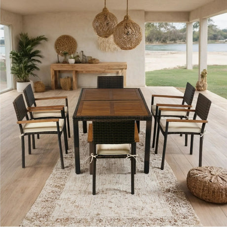 7 Piece Outdoor Patio Wicker Dining Set Patio Wicker Furniture Dining Set With Top - Brown / Cream - Furniture Home Direct