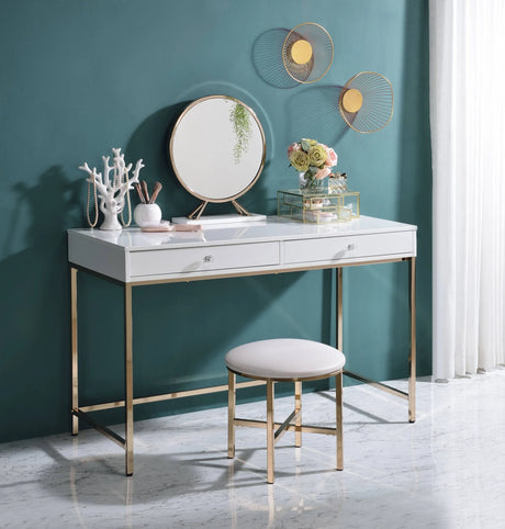 Vanity Desk Gloss Finish With Gold Metal Legs White - Furniture Home Direct