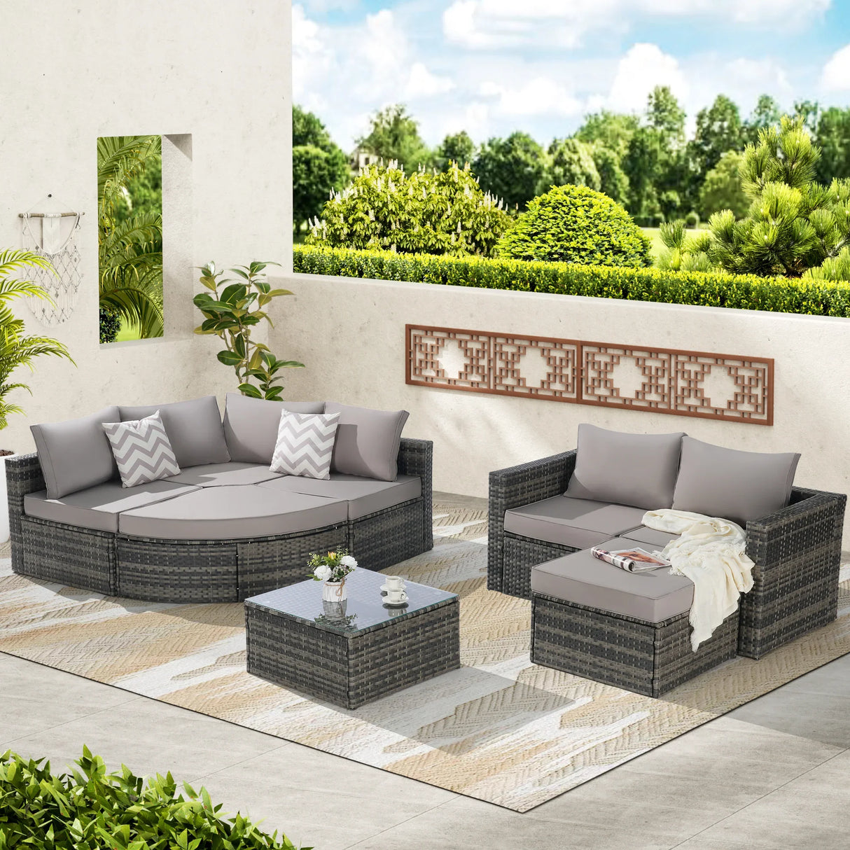 Wicker Outdoor Sectional Set with Curved Ottoman & Glass Top Table - Furniture Home Direct