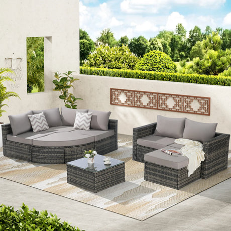 Wicker Outdoor Sectional Set with Curved Ottoman & Glass Top Table - Furniture Home Direct