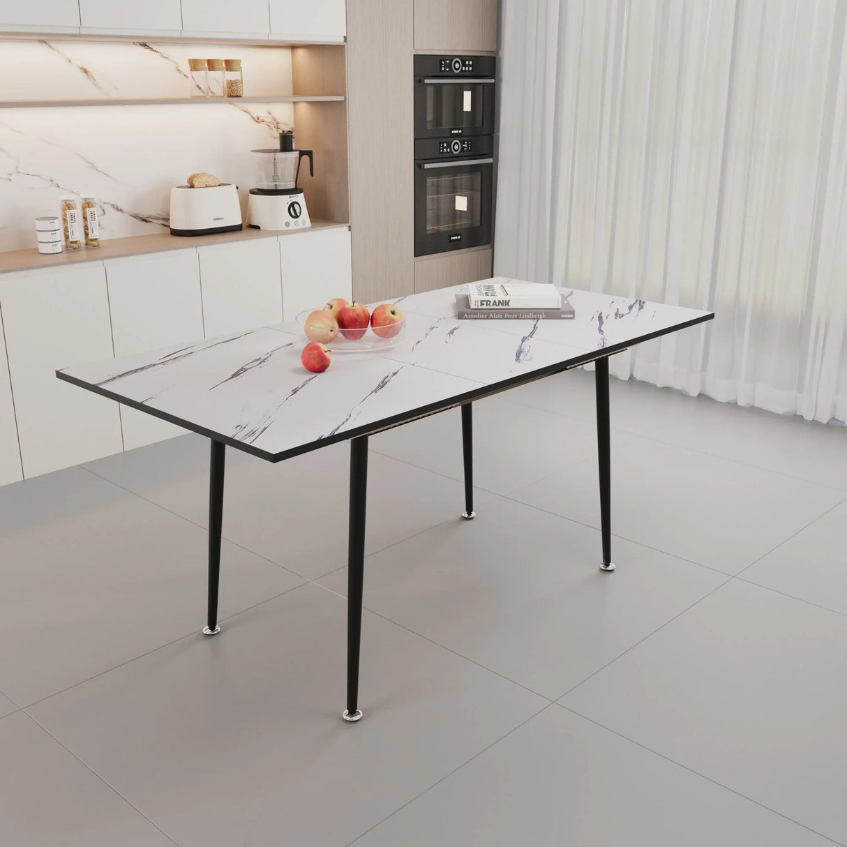 Modern Industrial Expandable Dining Table 47" To With Marble Pattern Top And Metal Legs - White - Furniture Home Direct