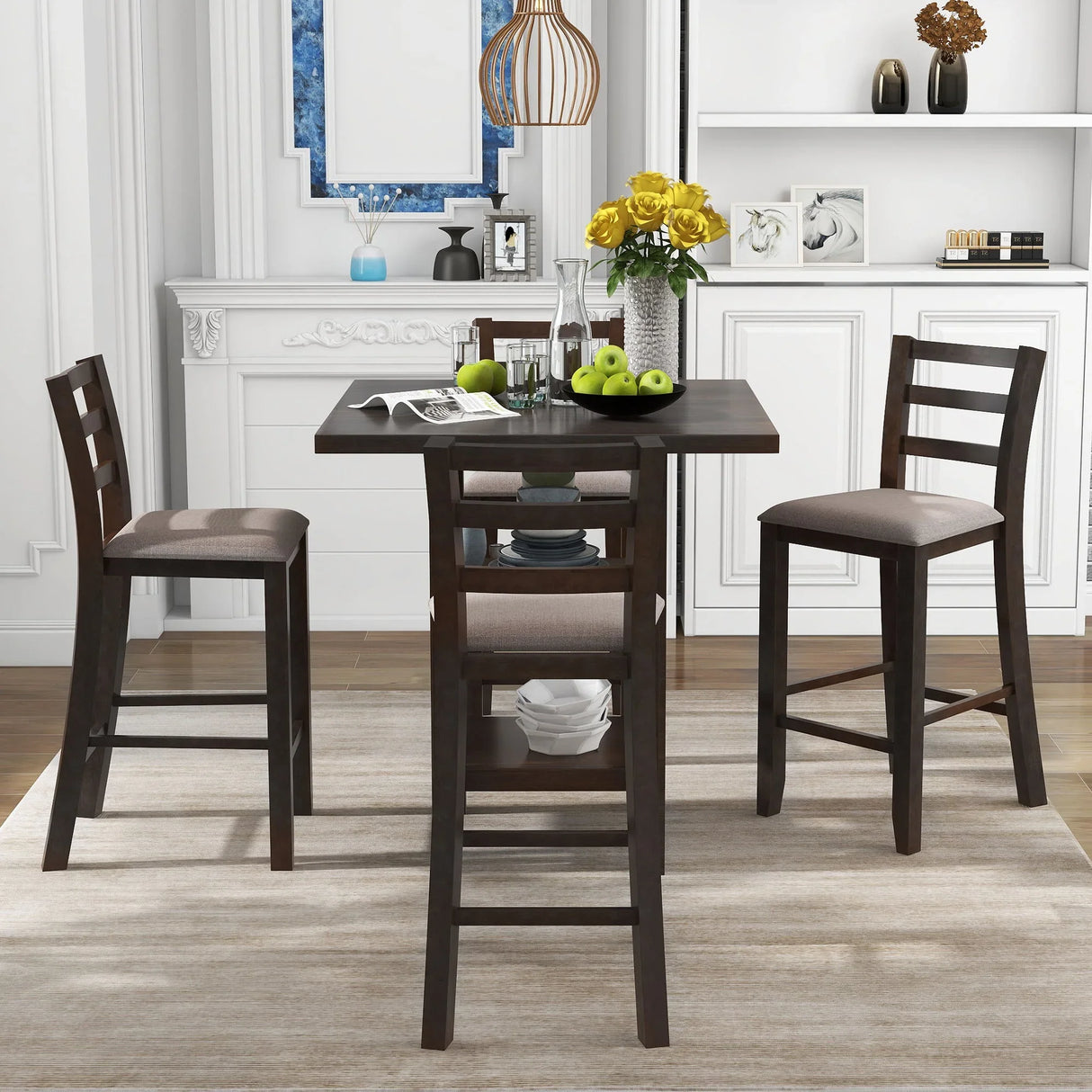 5 Piece Wooden Counter Height Dining Set With Padded Chairs, Storage Shelving - Furniture Home Direct