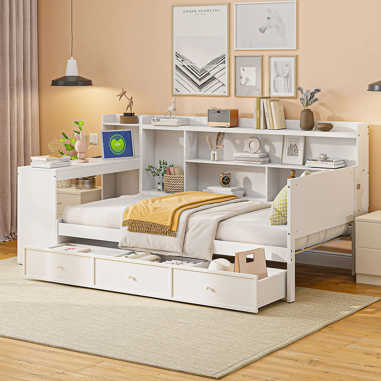 Daybed With 3 Drawers USB Ports And Desk - Furniture Home Direct