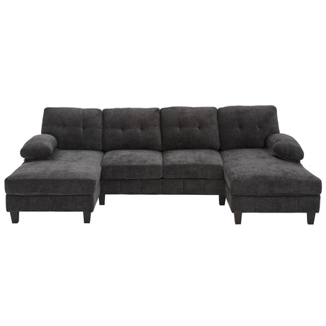 U-Shaped Sectional Sofa 103.5" Black Chenille Fabric Couch With Dual Chaise Lounges, Storage Pockets, Armrest Pillows - Furniture Home Direct
