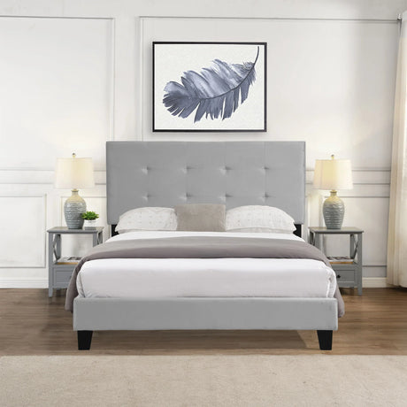 Full Size Upholstered Platform Bed Frame With Tufted Headboard, Strong Wood Slat Support - Gray - Furniture Home Direct