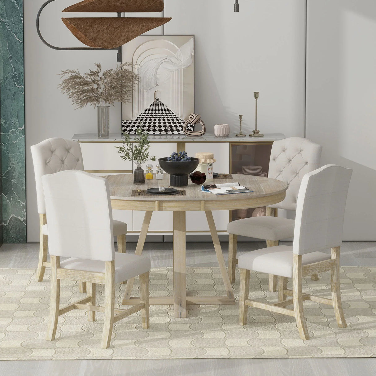 Retro Functional Dining Set, Round Table With Leaf And Upholstered Chairs For Dining Room And Living Room - Furniture Home Direct