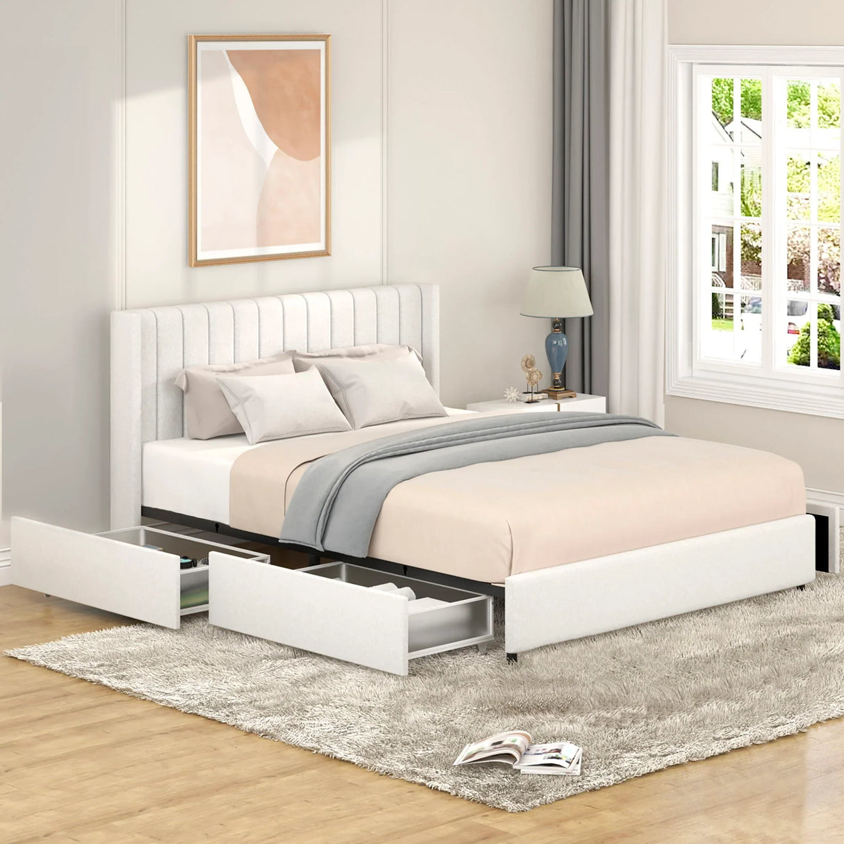 Anda - Boucle Upholstered Platform Bed With Patented Drawers Storage - Ivory - Furniture Home Direct