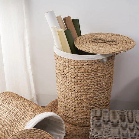 Ludmilla Round Tall Water Hyacinth Woven Wicker Laundry Hamper With Lid - For Clothes, Canvas, Toys And Book Storage With Removable Liner - 18" X 18" X 23" - Natural Brown - Furniture Home Direct