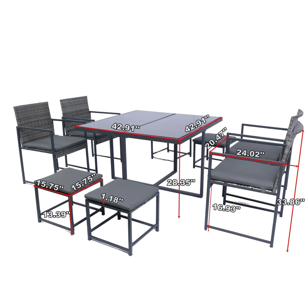 9 Pieces Patio Dining Sets Outdoor Space Saving Rattan Chairs With Glass Table Top Wicker And Cushion - Dark Gray - Furniture Home Direct