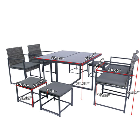 9 Pieces Patio Dining Sets Outdoor Space Saving Rattan Chairs With Glass Table Top Wicker And Cushion - Dark Gray - Furniture Home Direct