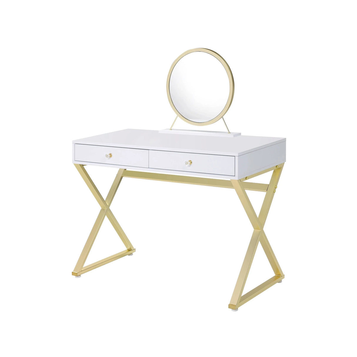 Vanity Desk With Mirror And Jewelry Tray Gold Legs White - Furniture Home Direct