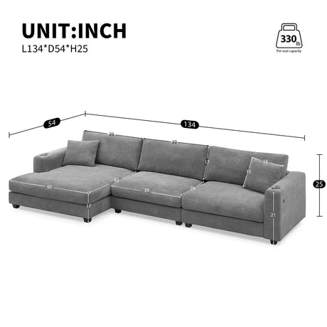 Oversized Corduroy Sectional Sofa, L Shaped Cloud Couch With USB Charging Port, Cup Holder, Deep Seat Sofa Bed With 50" Chaise, Comfy Indoor Furniture For Living Room - Furniture Home Direct