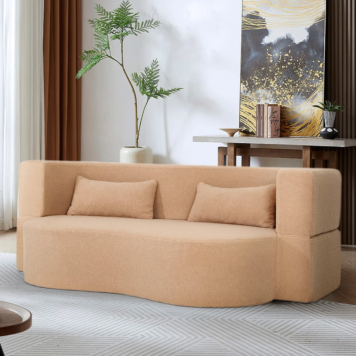 2 In 1 Convertible Full Size Folding Loveseat Couch With Soft Teddy Fabric - Furniture Home Direct