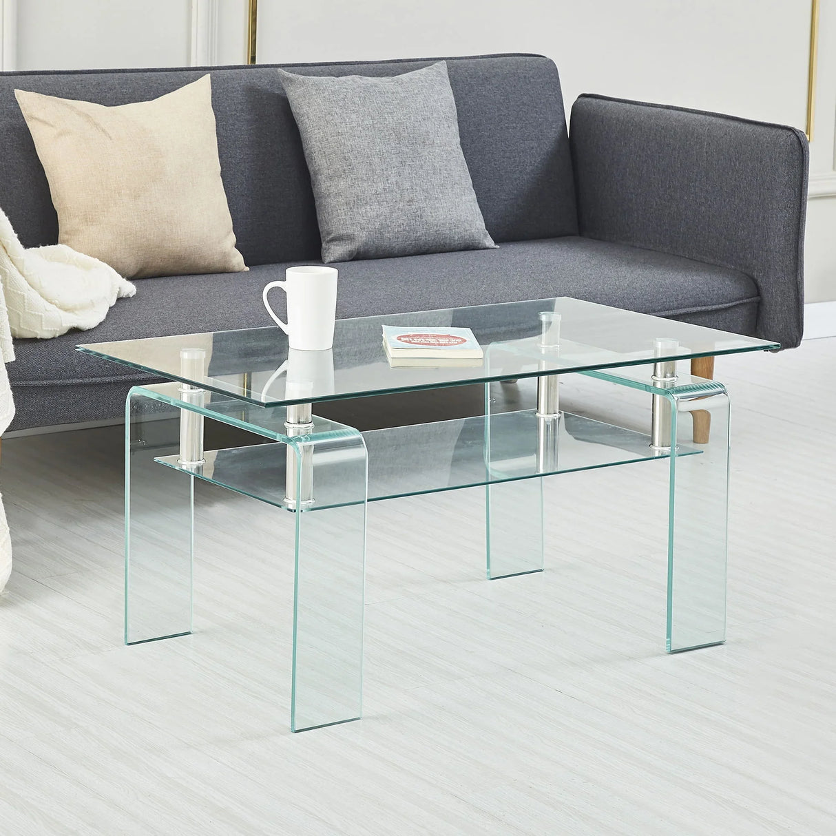 Modern Tempered Glass Coffee Table With 2 Tier Storage For Living Room - Furniture Home Direct