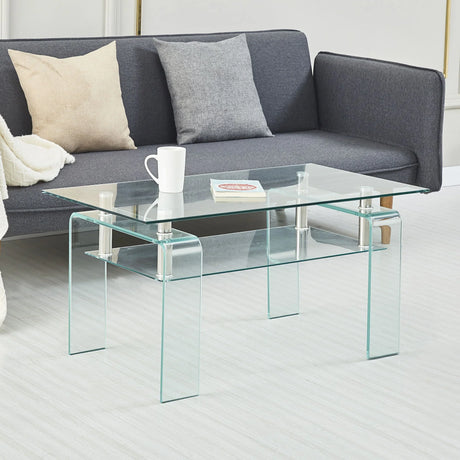 Modern Tempered Glass Coffee Table With 2 Tier Storage For Living Room - Furniture Home Direct