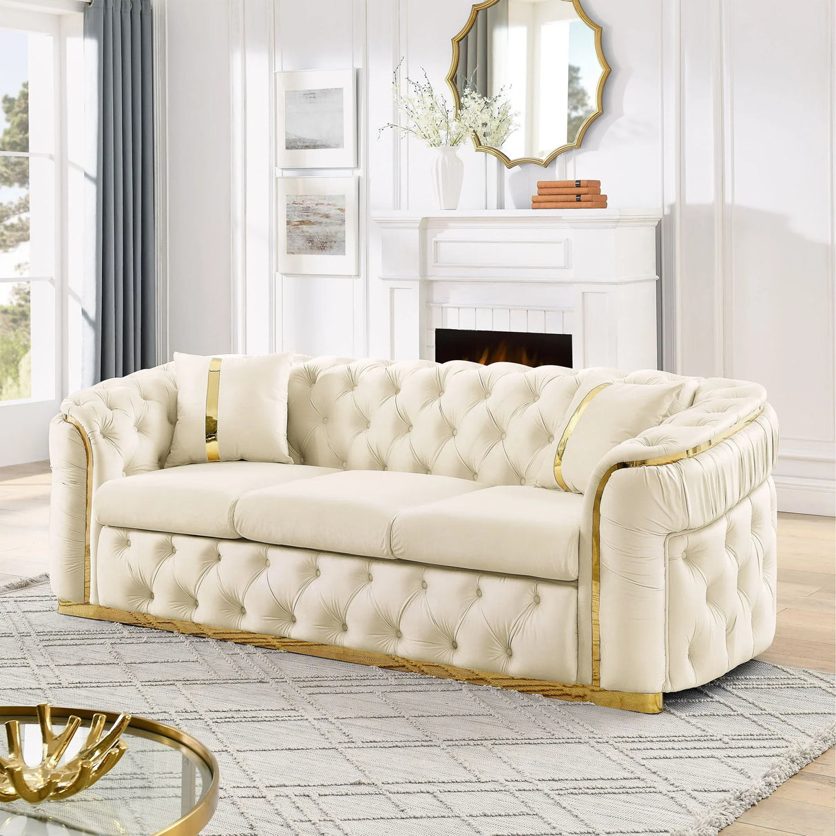 Button Tufted Couch With 2 Pillows, 3 Seater Luxury Chesterfield Sofa - Furniture Home Direct