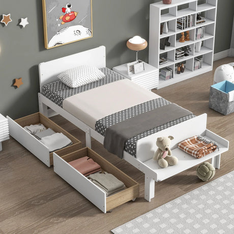 Twin Bed With Footboard Bench, 2 Drawers - White - Furniture Home Direct