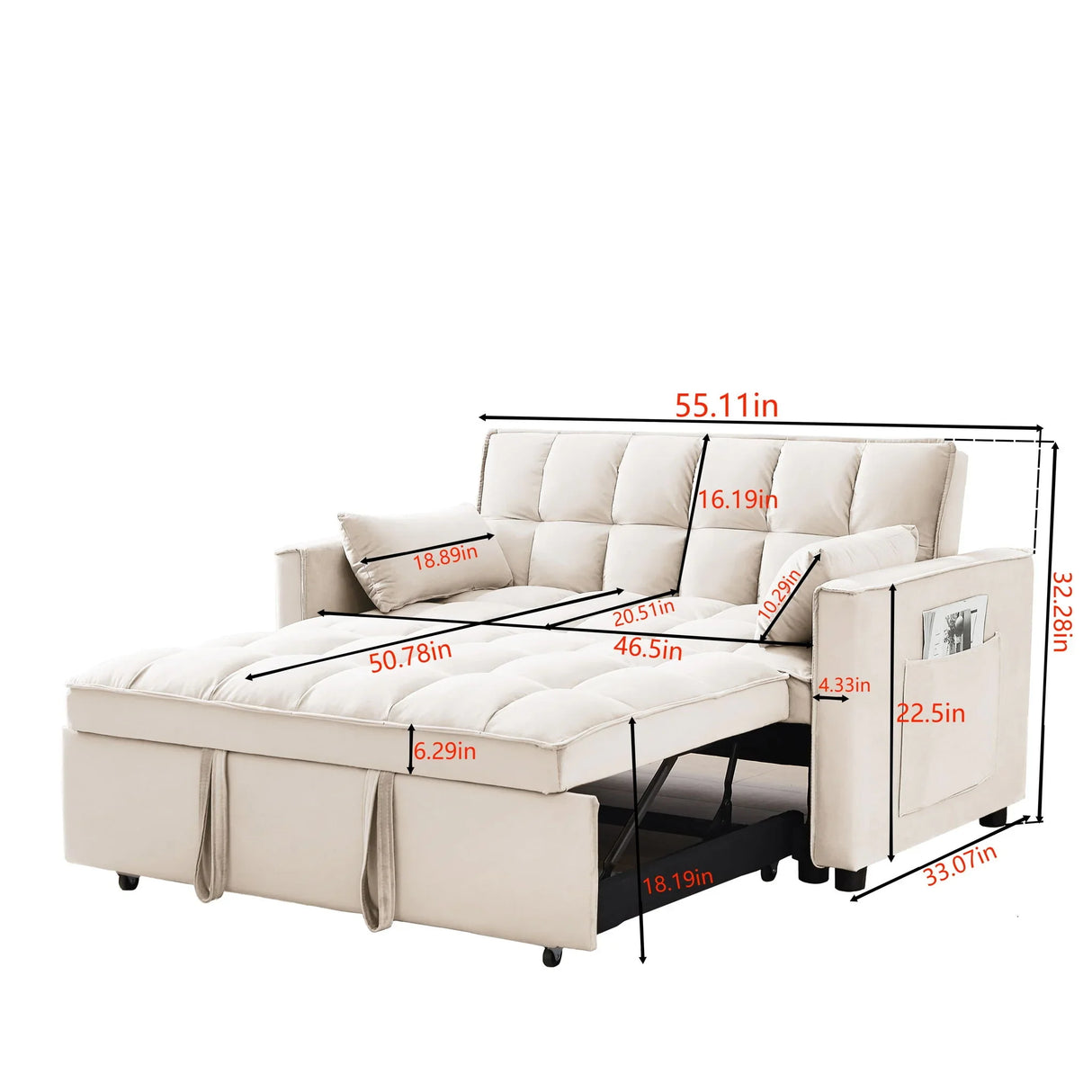 Modern Velvet Convertible Loveseat Futon Sofa With Pullout Bed, Reclining Backrest - Furniture Home Direct