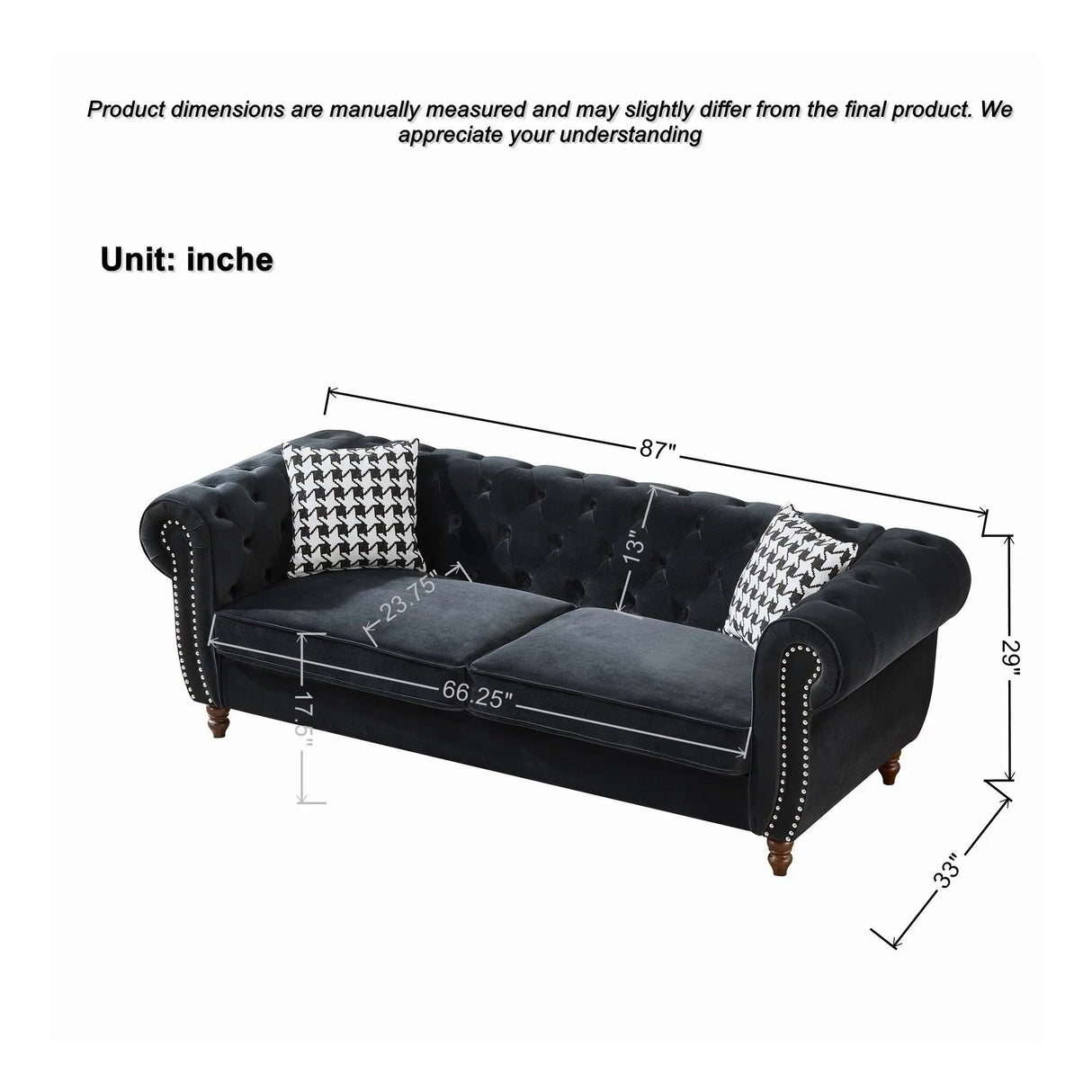 Chesterfield 3 And 2 Seater Velvet Upholstery Sofa With Roll Armrest & Nailhead Fabric Couch - Furniture Home Direct