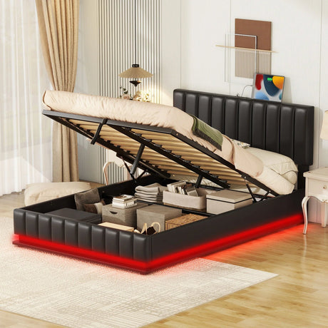Upholstered Bed With Hydraulic Storage System And LED Light, With Sockets And USB Ports - Furniture Home Direct