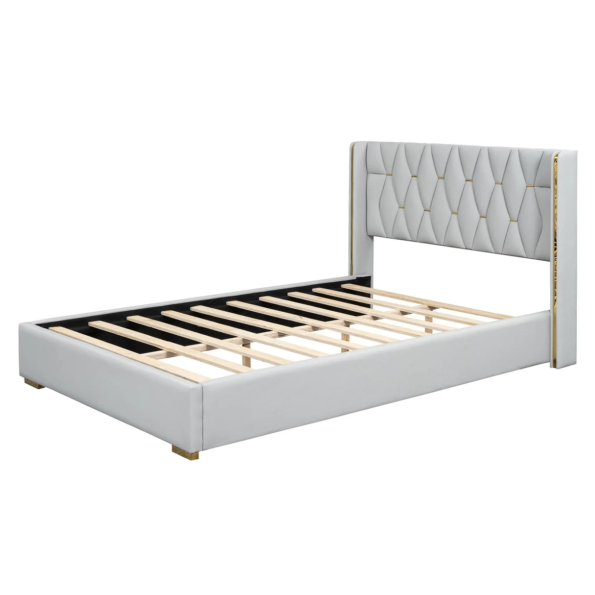 Full Size Upholstered Platform Bed Metal Strips Off White - Furniture Home Direct
