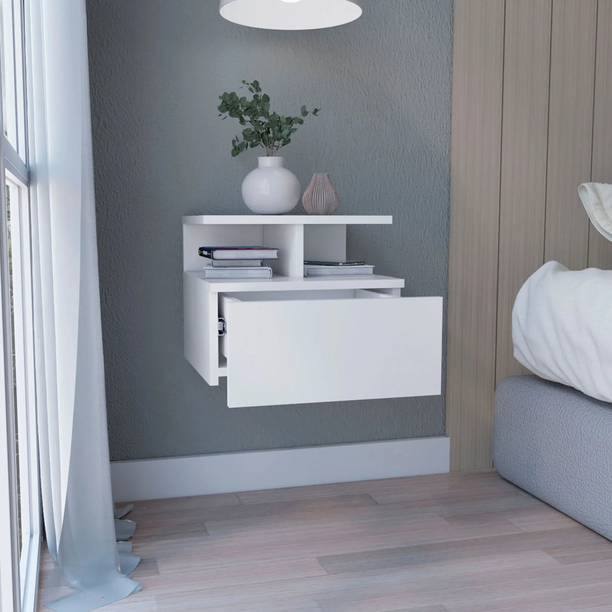 Floating Nightstand Wall Mounted With Single Drawer And 2 Tier Shelf - White - Furniture Home Direct