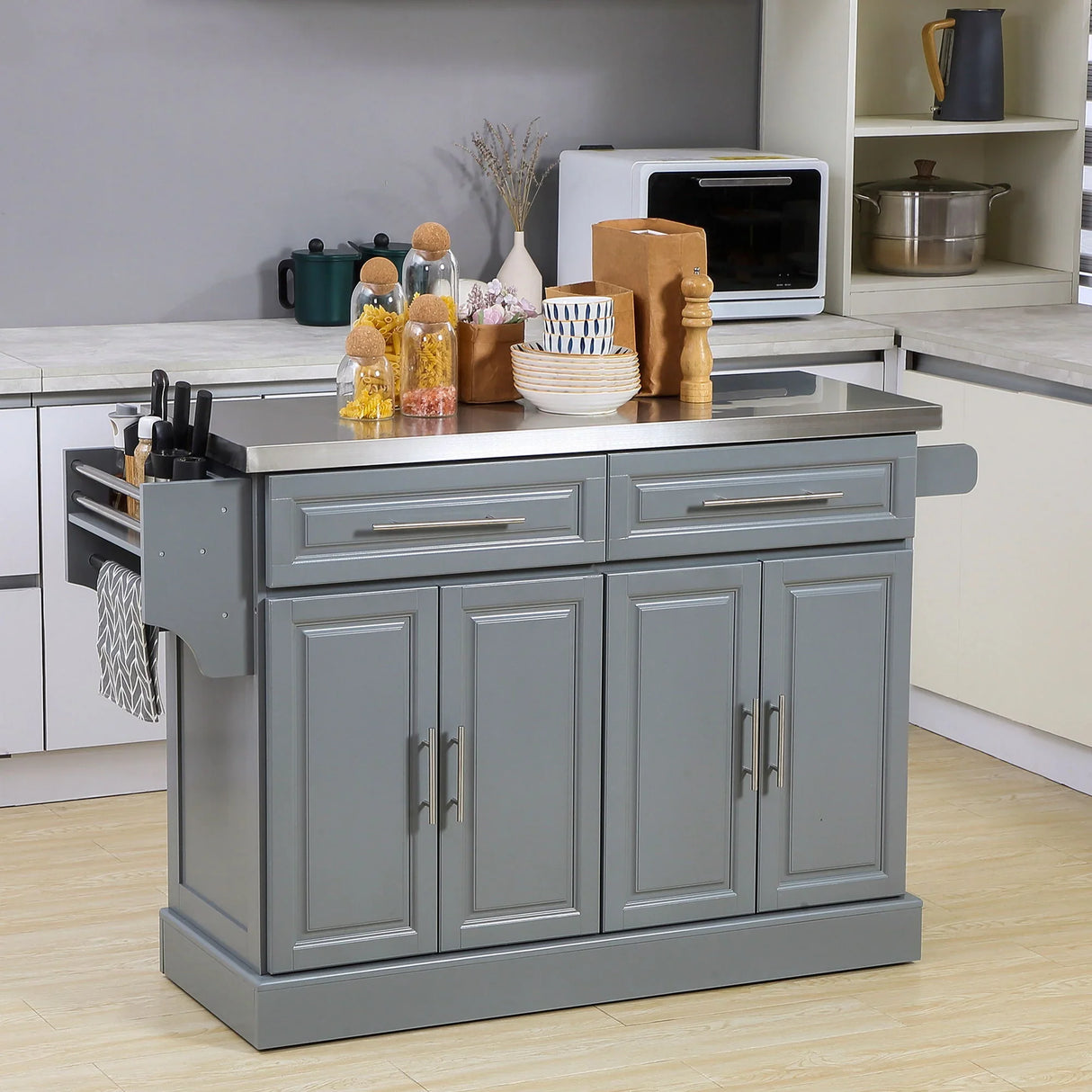 Homcom - Rolling Kitchen Island With Storage, Portable Kitchen Cart With Stainless Steel Top, 2 Drawers, Spice, Knife And Towel Rack And Cabinets - Furniture Home Direct