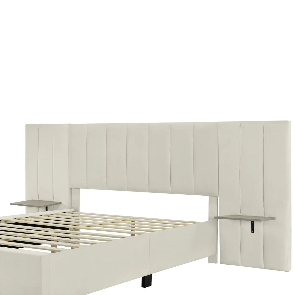 Queen Bed Upholstered Platform Tall Headboard Beige - Furniture Home Direct