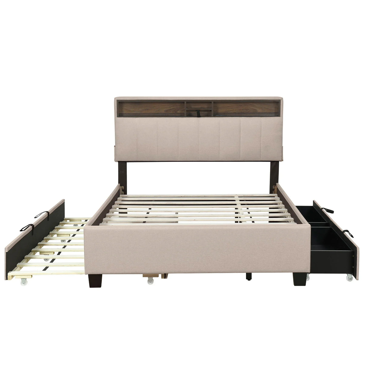 Upholstered Platform Bed With Storage Headboard, Trundle & 2 Drawers And A Set Of Sockets & USB Ports - Furniture Home Direct