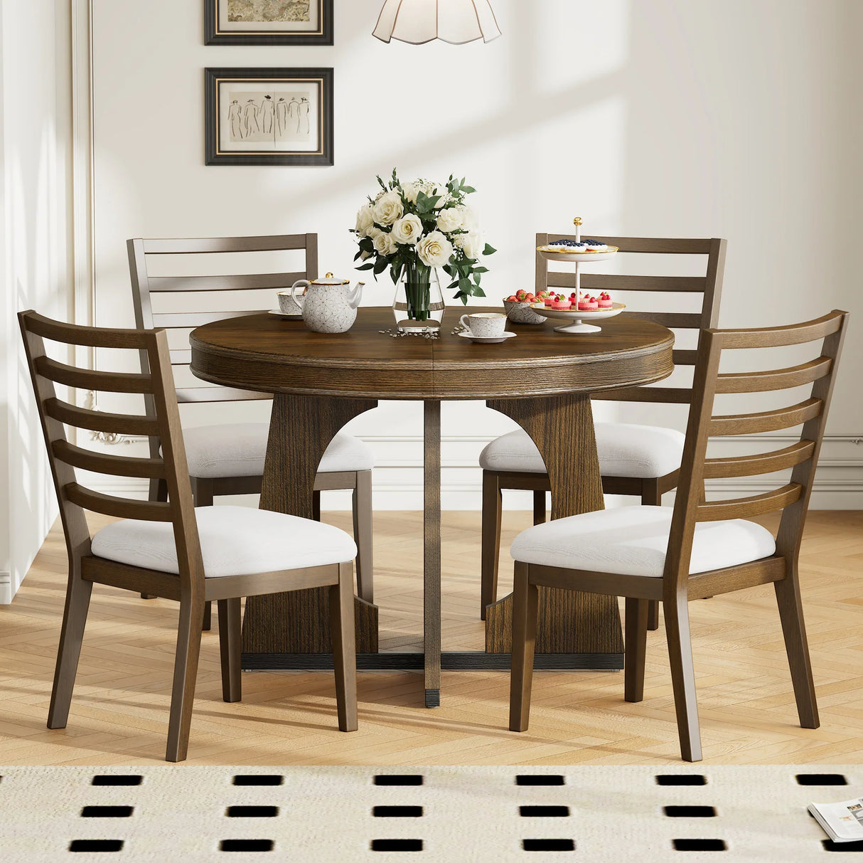 Dining Set Round Table With Four Upholstered Chairs Walnut - Furniture Home Direct